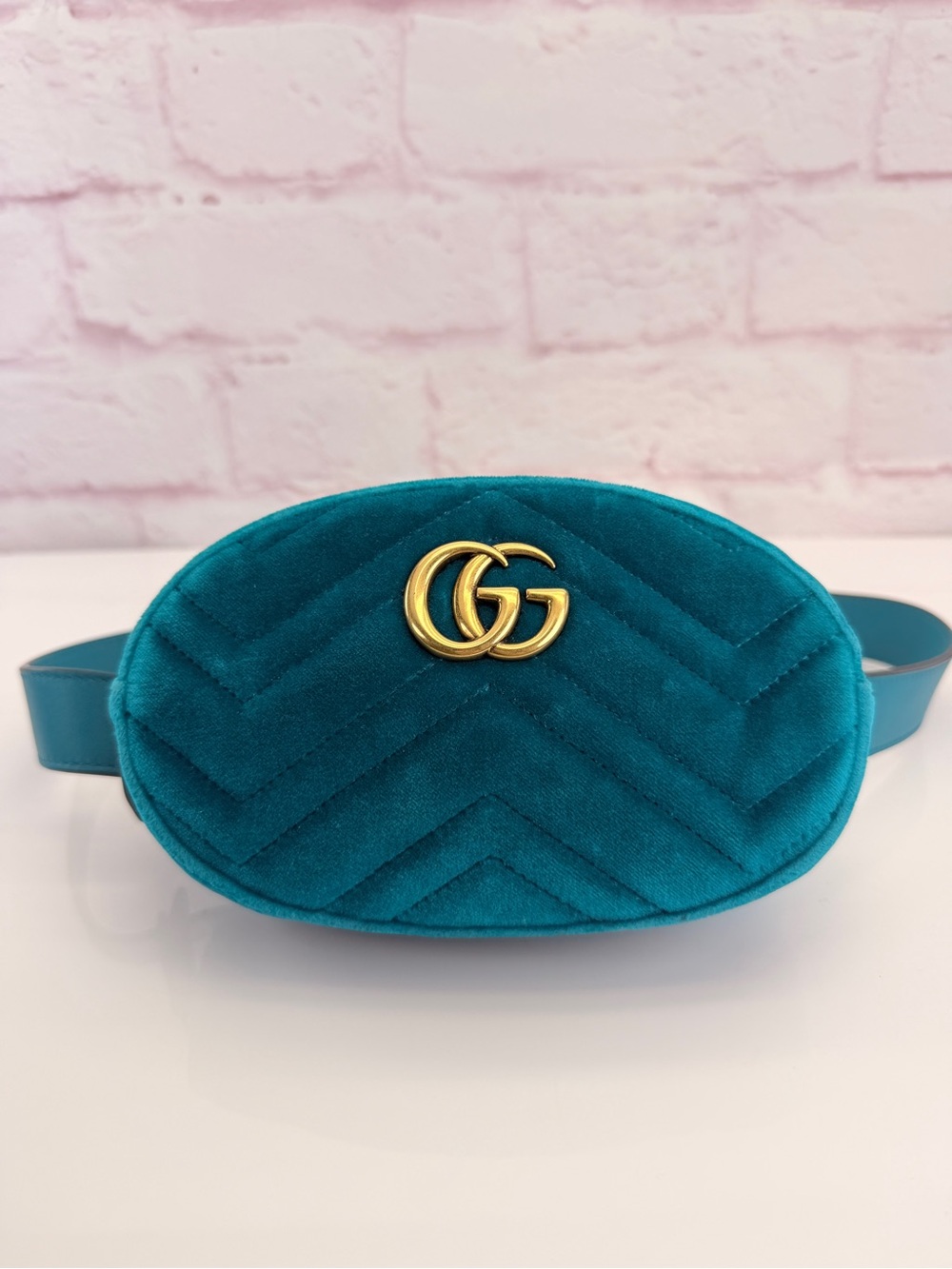 Gucci Teal Velvet Marmont Mini Belt Bag with Gold Double G